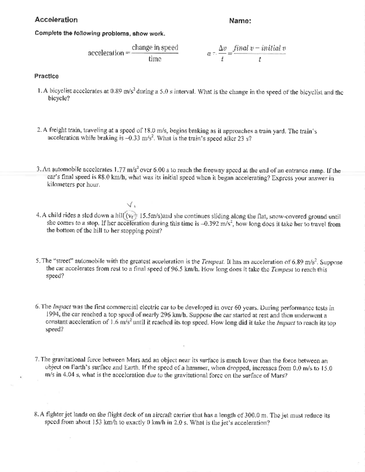 Acceleration Practice Problems and Solutions (Math Skills) - Studocu