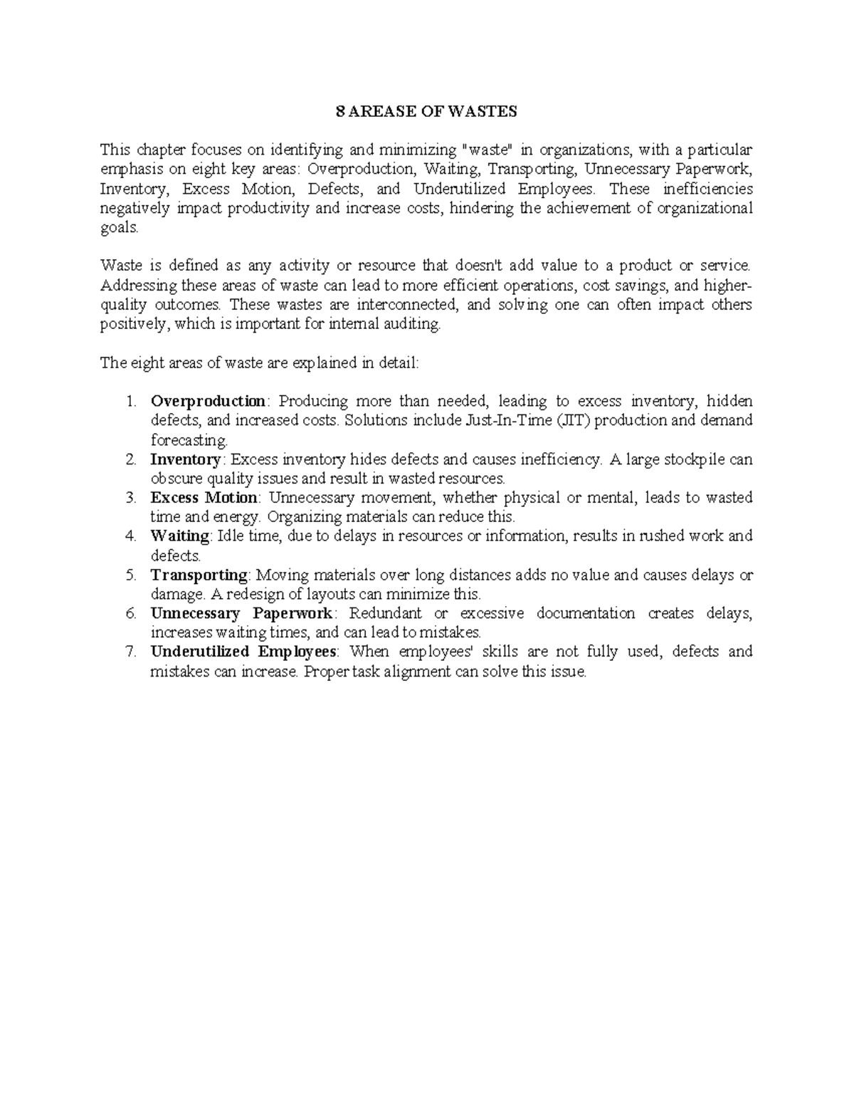 Wastes IN Organization - 8 AREASE OF WASTES This chapter focuses on ...