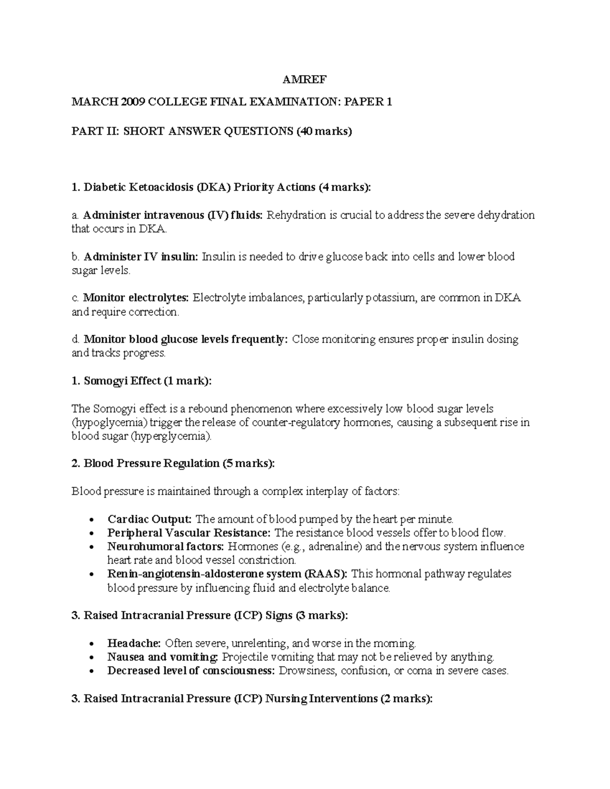 AMREF COLLEGE FINAL EXAMINATION: PAPER 1 PART II SHORT ANSWER QUESTIONS ...