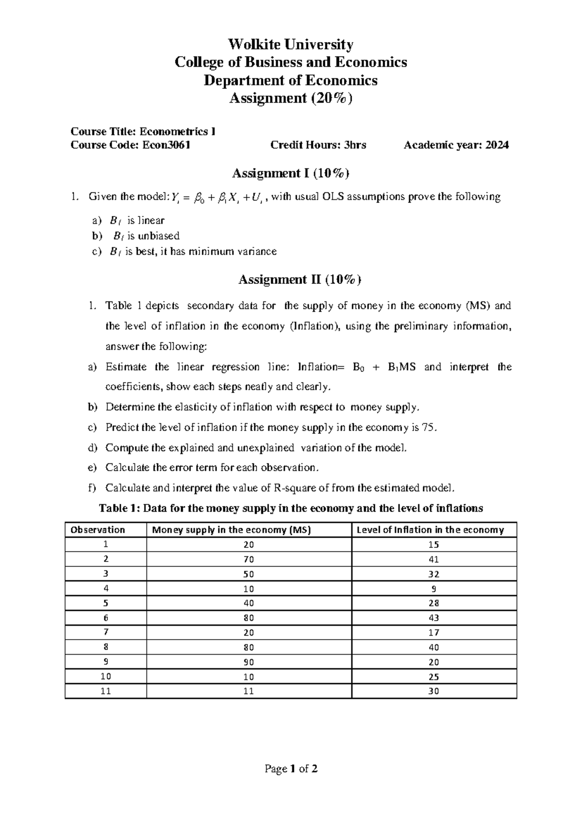 Econ3061 Assignment on Econometrics I: OLS and Inflation Analysis - Studocu
