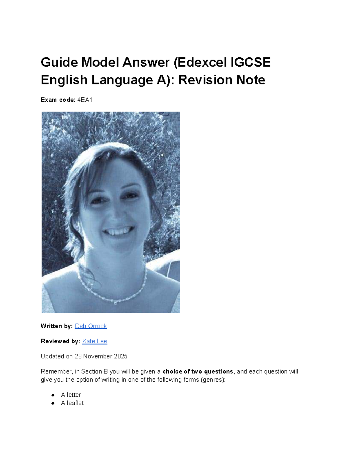 Model Guide Answer for Edexcel IGCSE English Language A Exam 4EA1 - Studocu