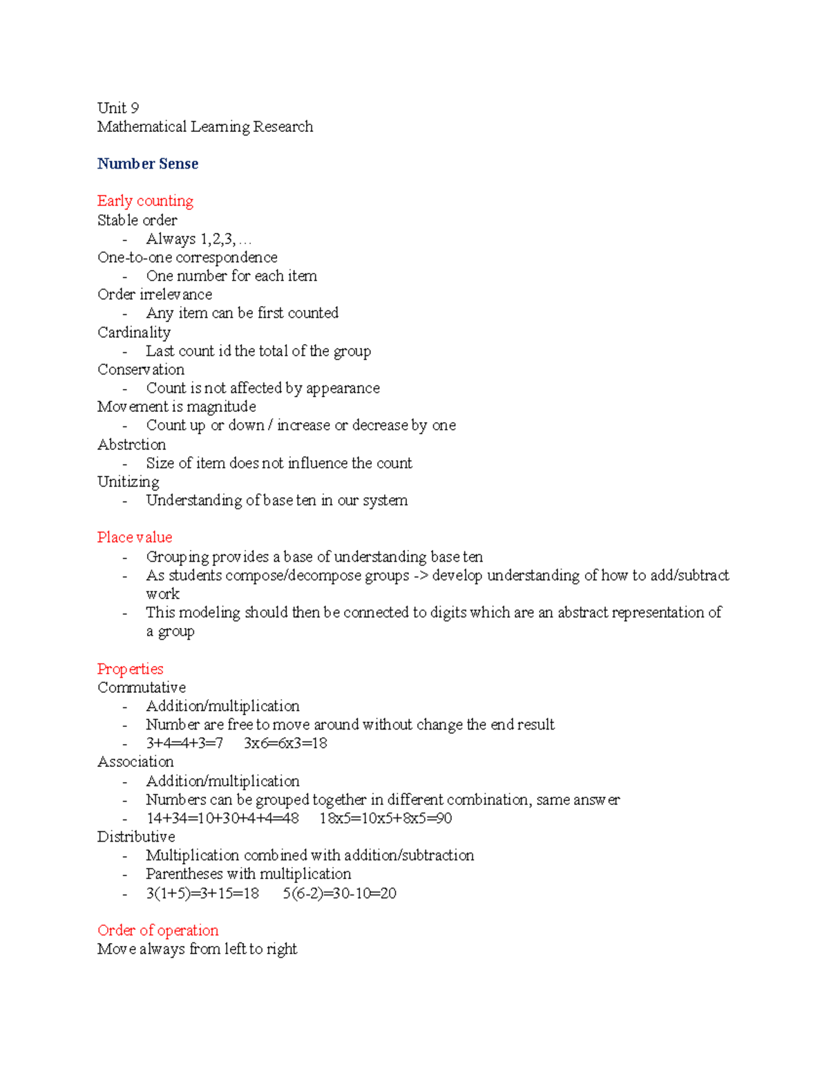 Unit 9 - notes - Unit 9 Mathematical Learning Research Number Sense ...