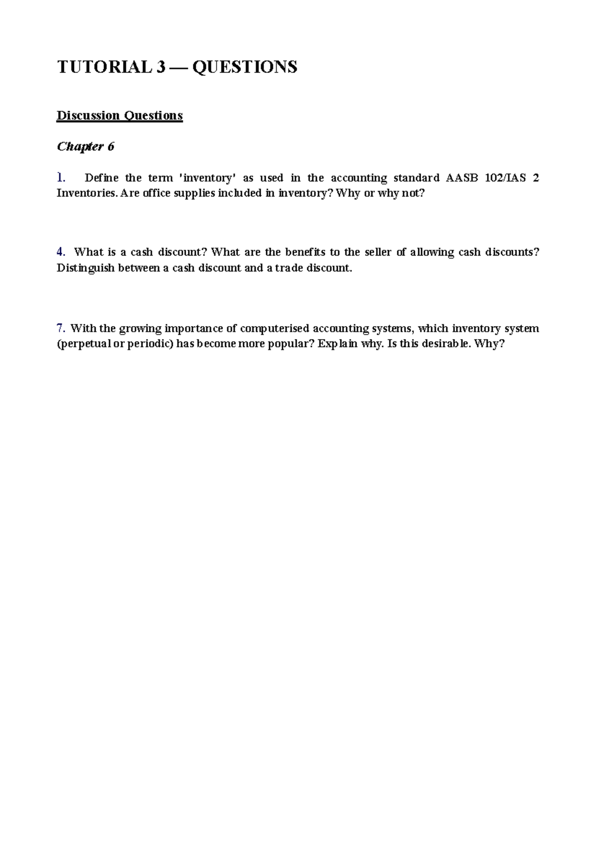Tutorial 3 - Questions - Tute 3 qs - TUTORIAL 3 — QUESTIONS Discussion ...