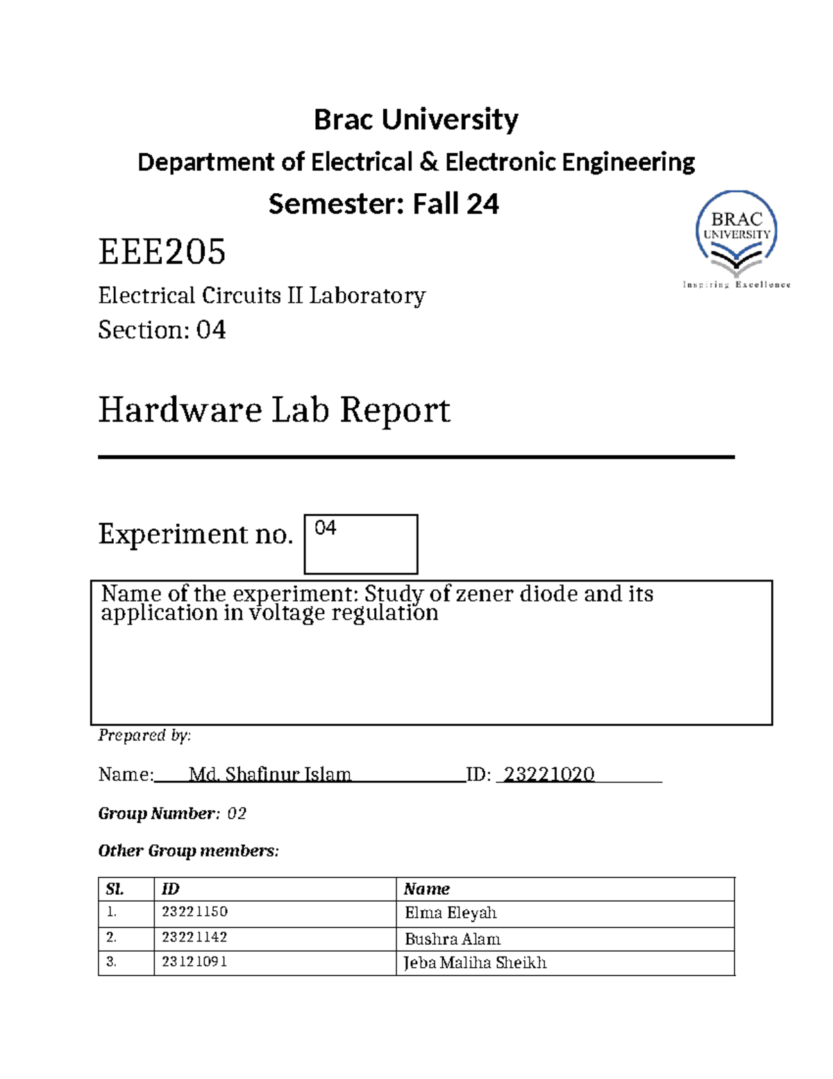 Brac University EEE 2024: Lab Report on Zener Diode Experiment 4 - Studocu