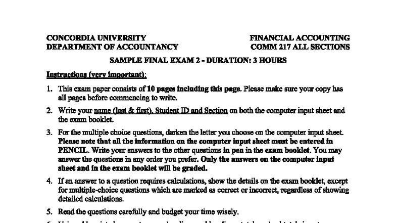 COMM 217 Sample Final Exam 2 - Financial Accounting Guide - Studocu