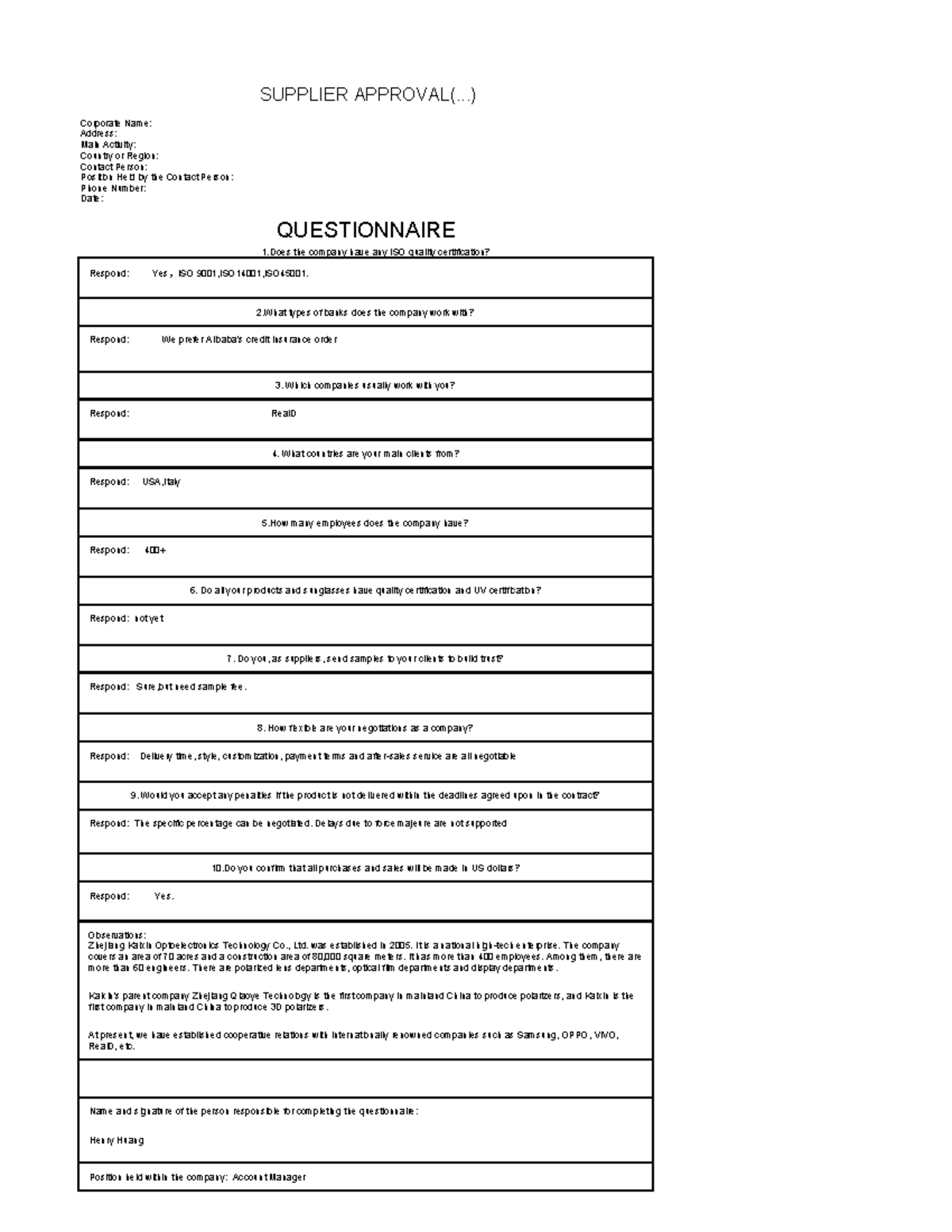 Supplier Approval Questionnaire - Corporate Info & Certification ...
