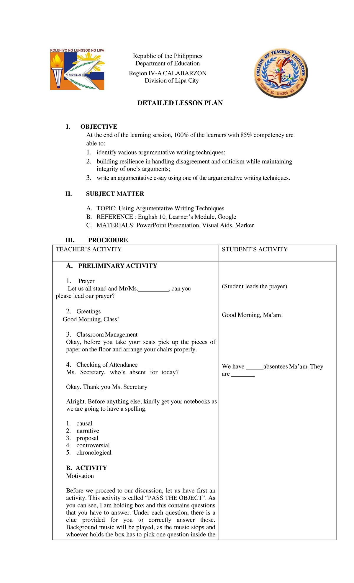 5th DLP - ddd - I. OBJECTIVE Republic of the Philippines Department of ...