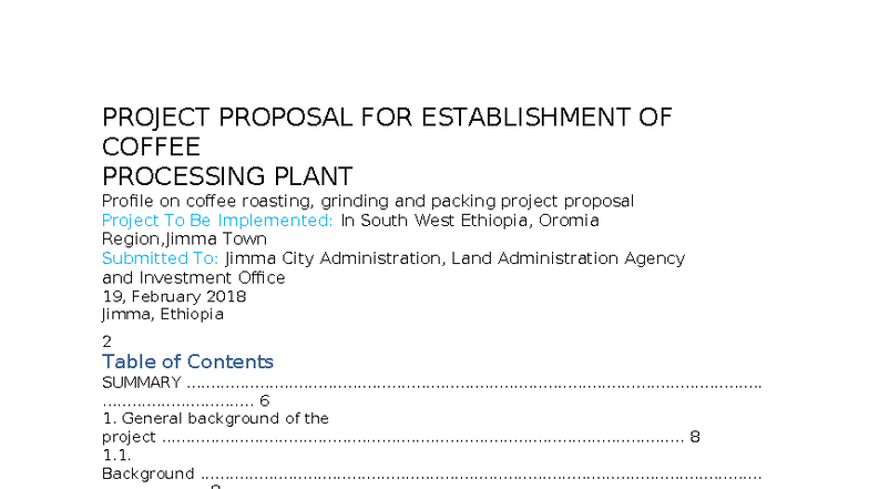 Project Proposal for Establishing a Coffee Processing Plant in Jimma ...