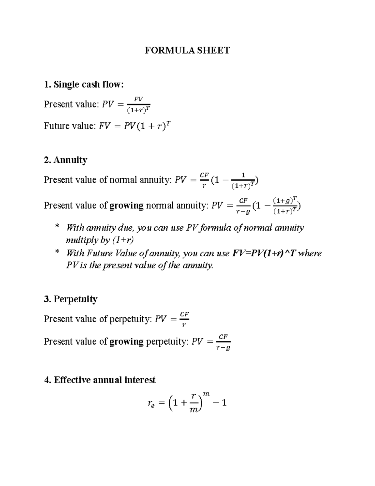 Formula Sheet TVM - FORMULA SHEET 1. Single cash flow: Present value ...