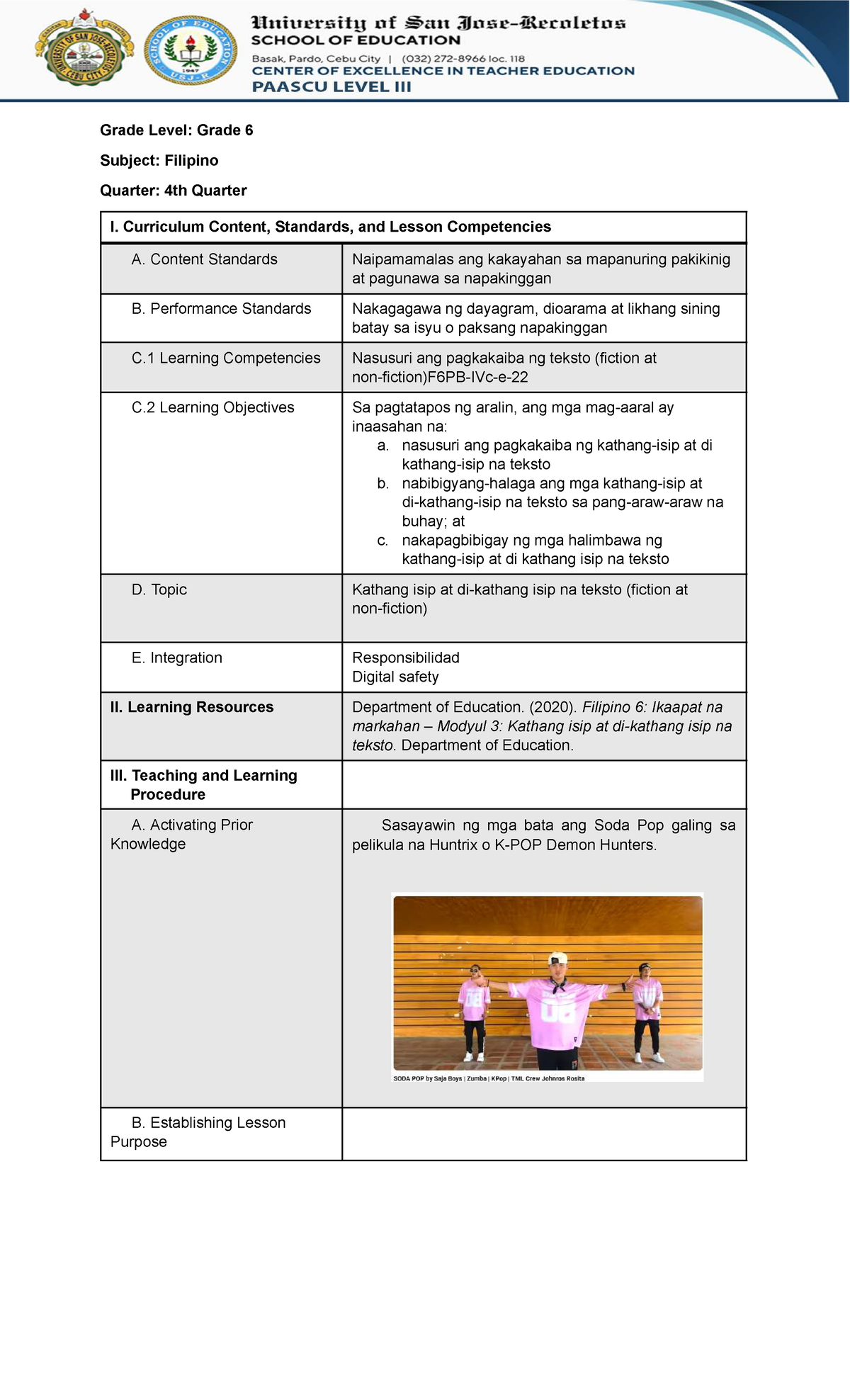 Filipino 6: Lesson Plan on Fiction vs. Non-Fiction (4th Quarter) - Studocu