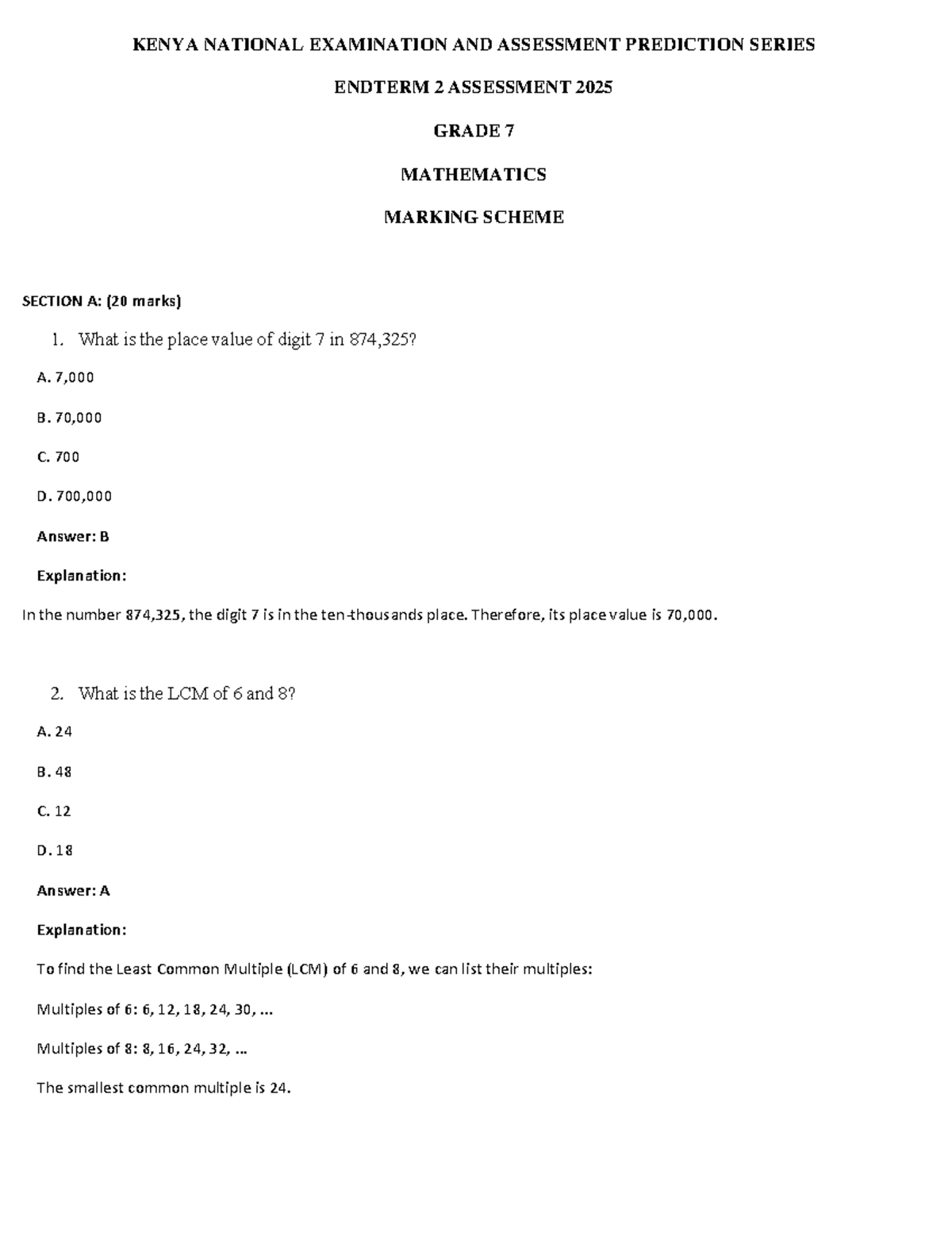 Grade 7 Mathematics MS - Endterm 2 Assessment Marking Scheme 2025 - Studocu