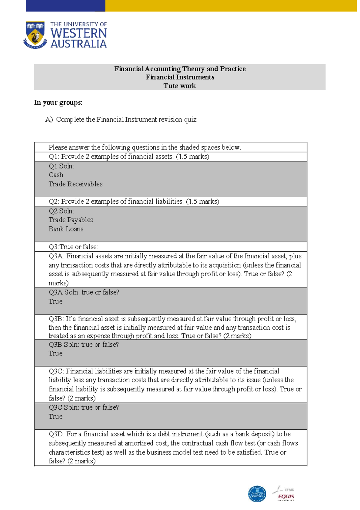 Financial Accounting Tute: Financial Instruments Q&A (ACC101) - Studocu