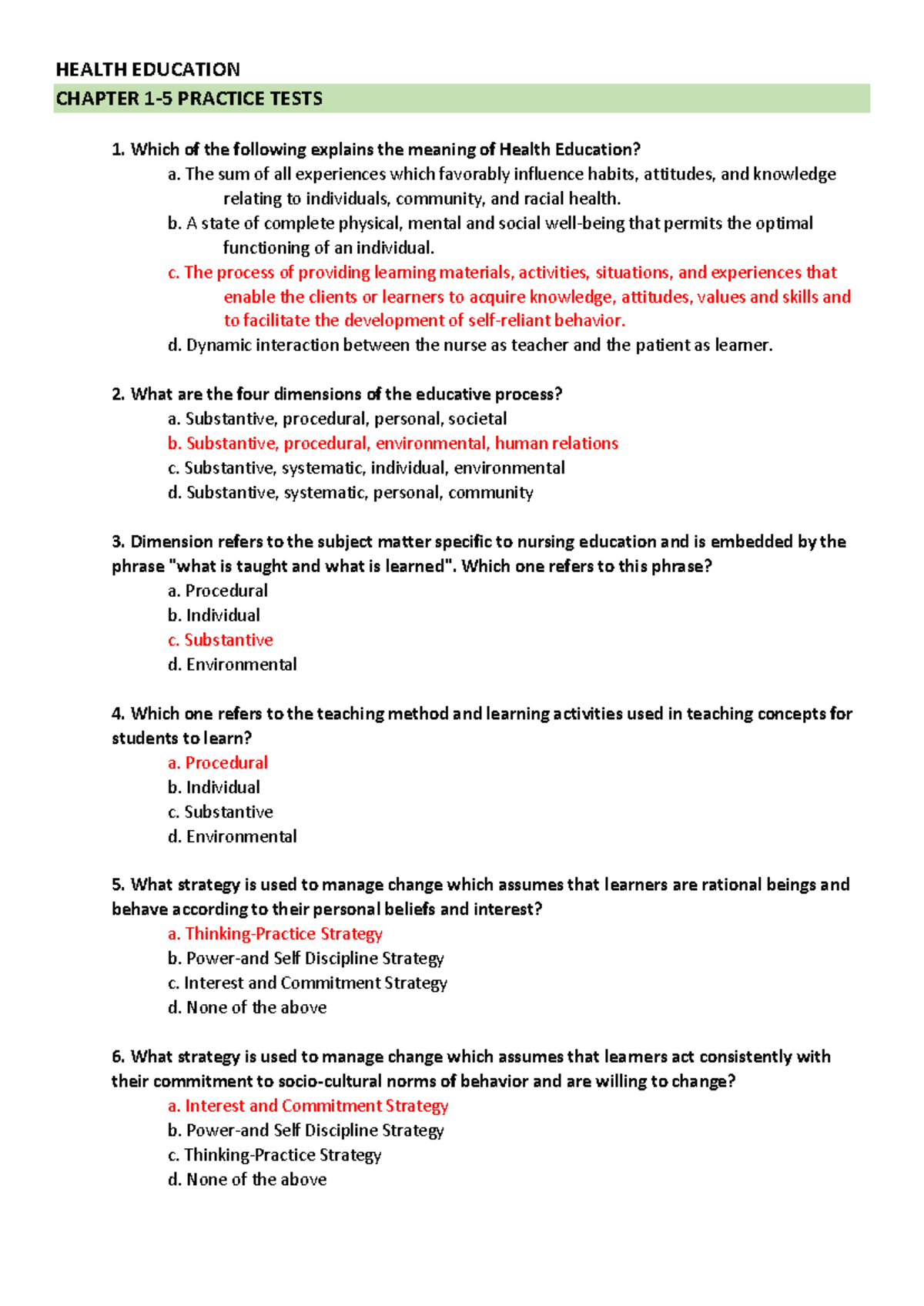 Health ED CH 1-5 Practice Tests: Key Questions and Insights - Studocu