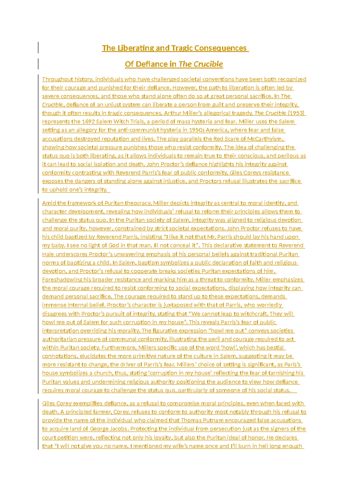 The Tragic and Liberating Nature of Defiance in The Crucible (ENG 101 ...