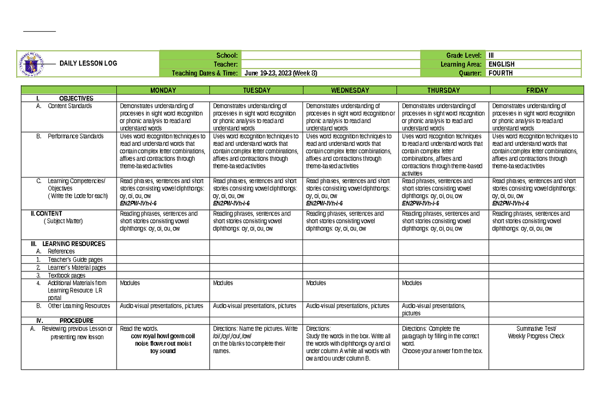 WEEK 8 - DLL - DAILY LESSON LOG School: Grade Level: III Teacher ...