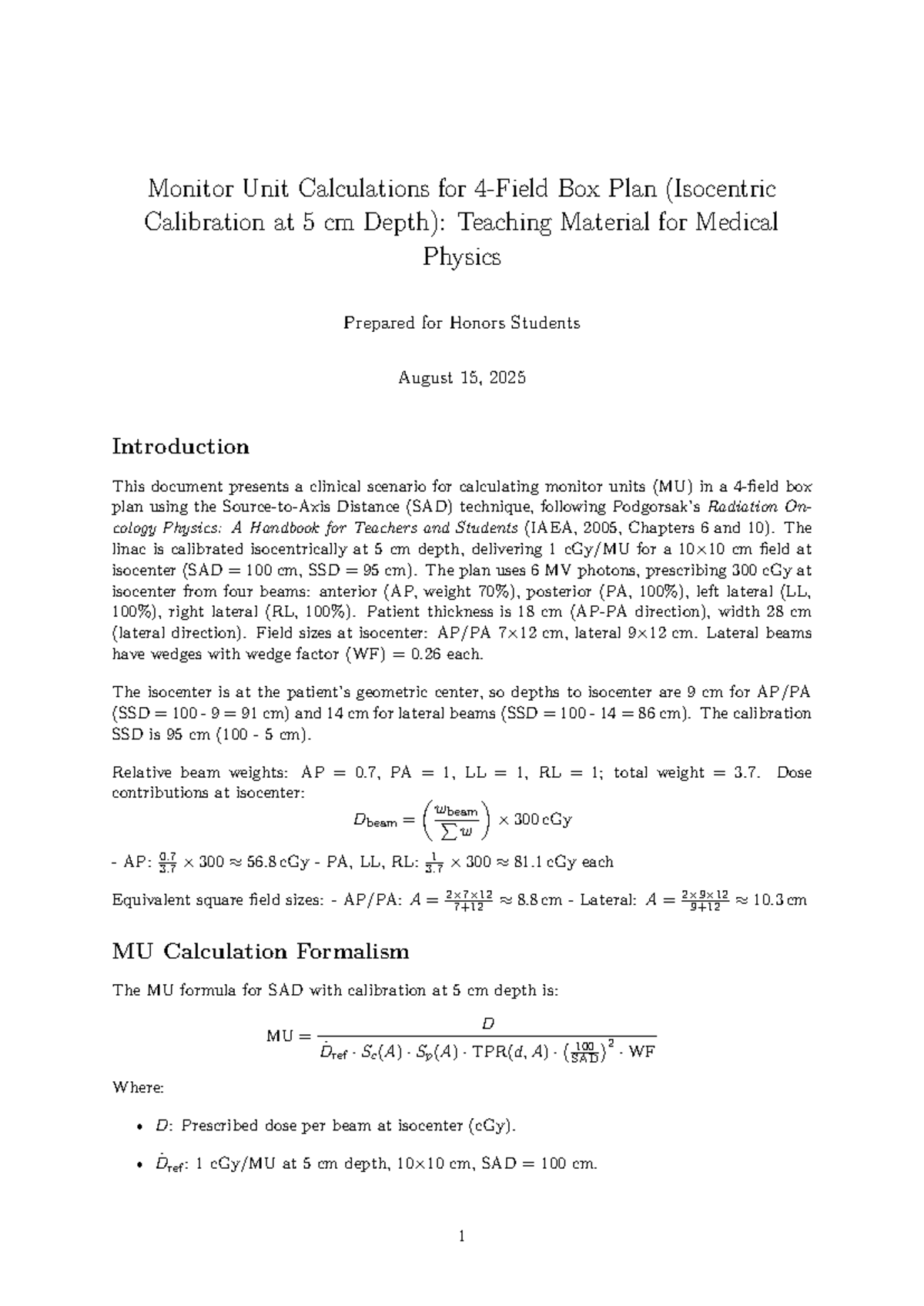 Monitor Unit Calculations for 4-Field Box Plan (Isocentric Calibration ...