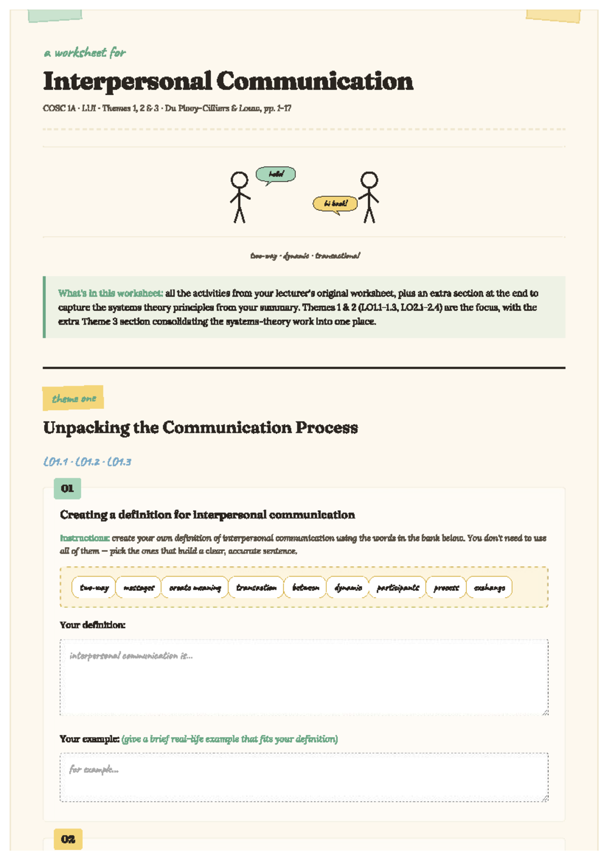 COSC1A Interpersonal Communication Worksheet: Themes 1, 2, 3 - Studocu