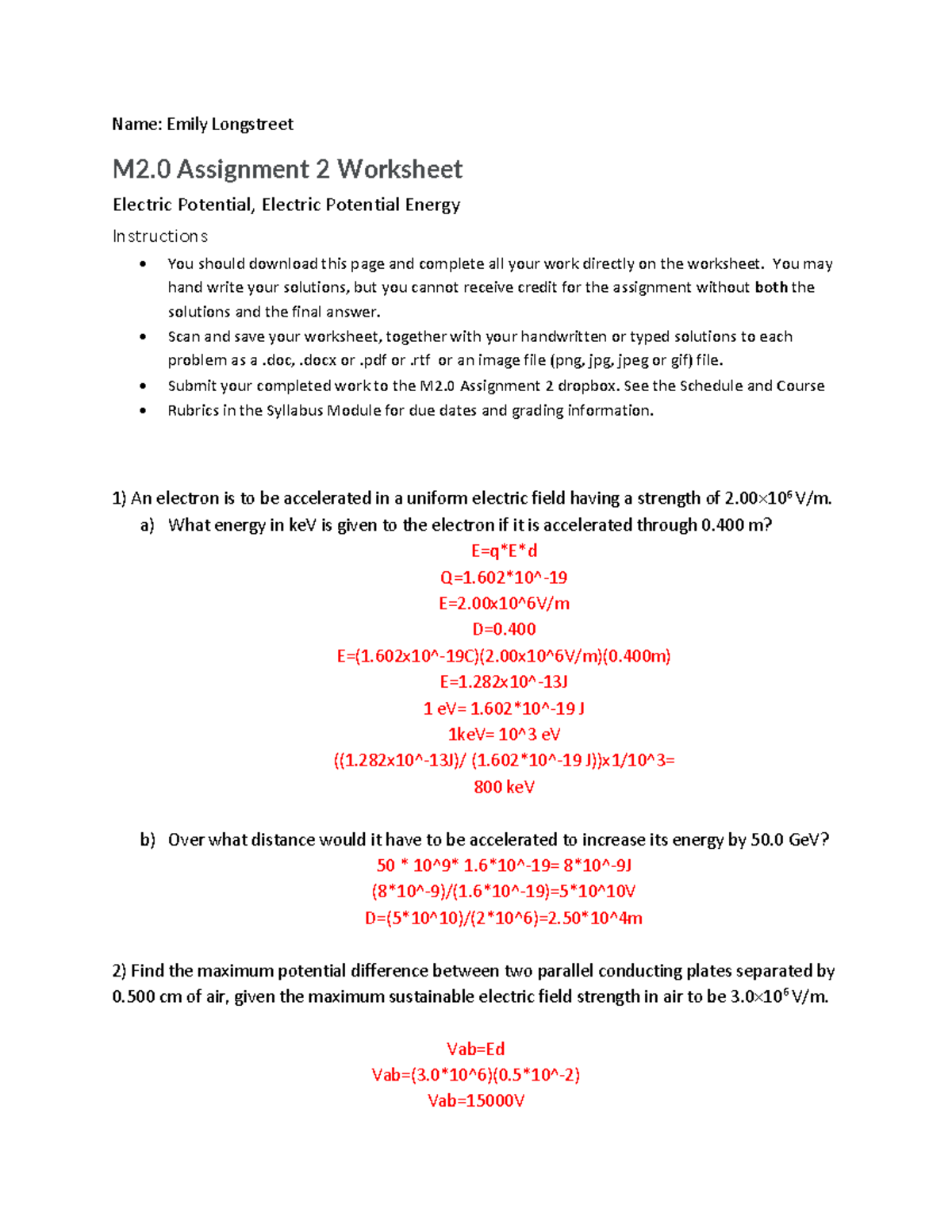 Elongstreet M2 - Module 2 Worksheet on Electric Potential & Energy ...