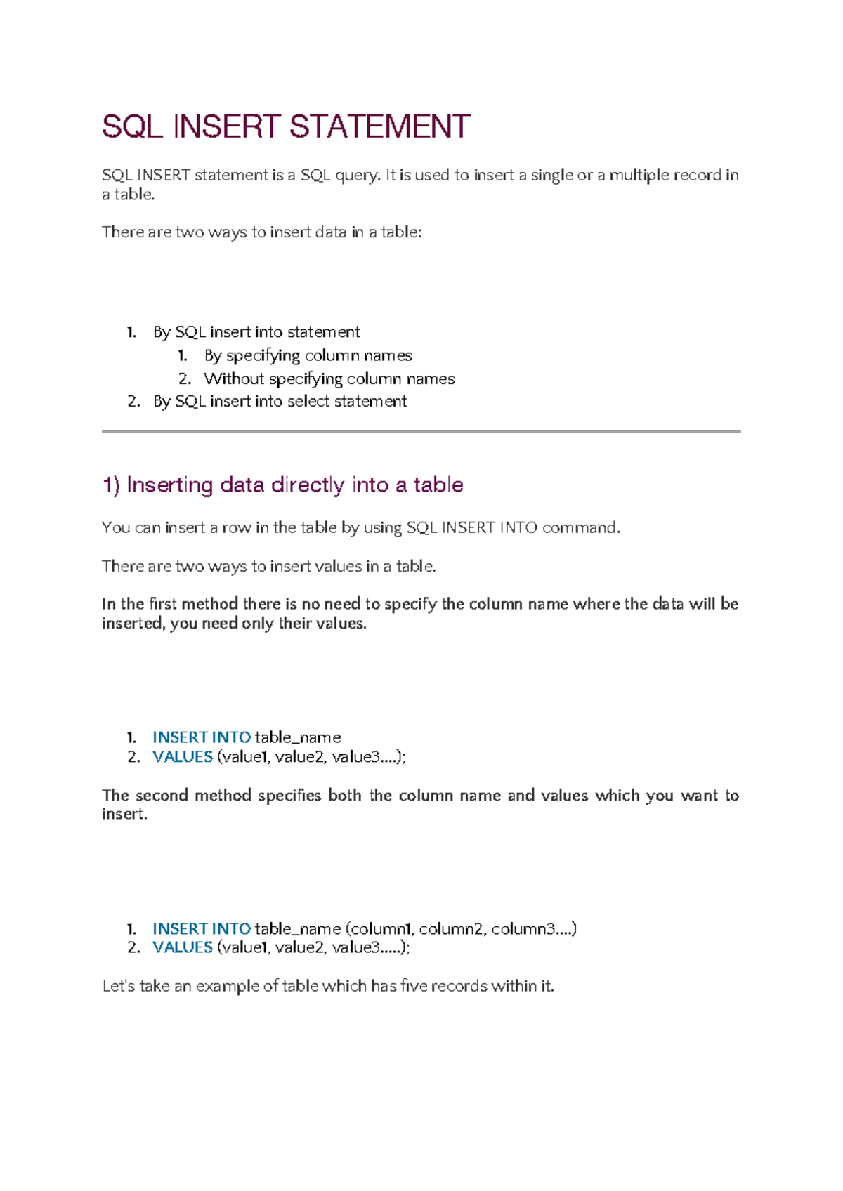SQL INSERT Statement Guide: Inserting Data into Tables - Studocu