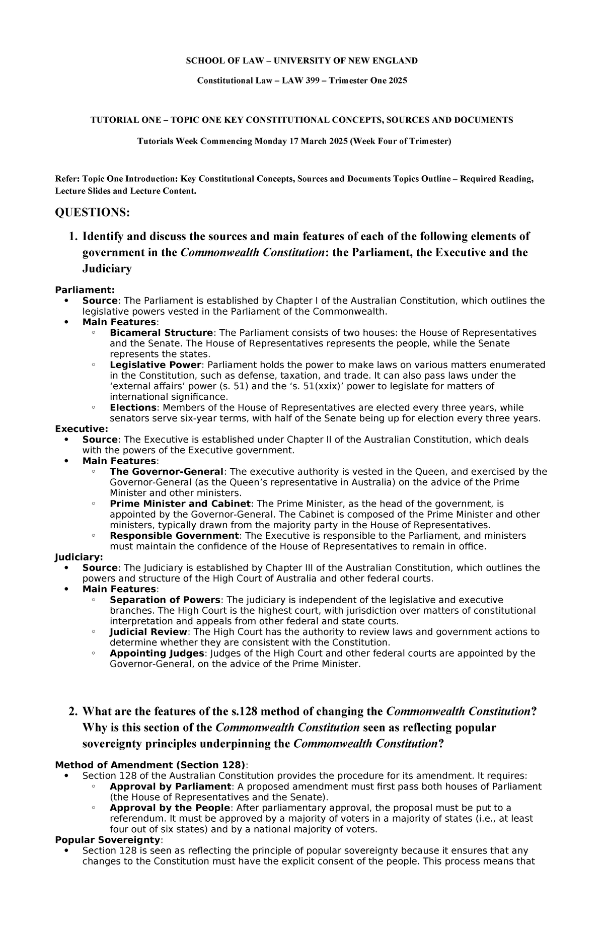 Constitutional Law LAW 399 Tutorial 1: Key Concepts & Sources Overview ...