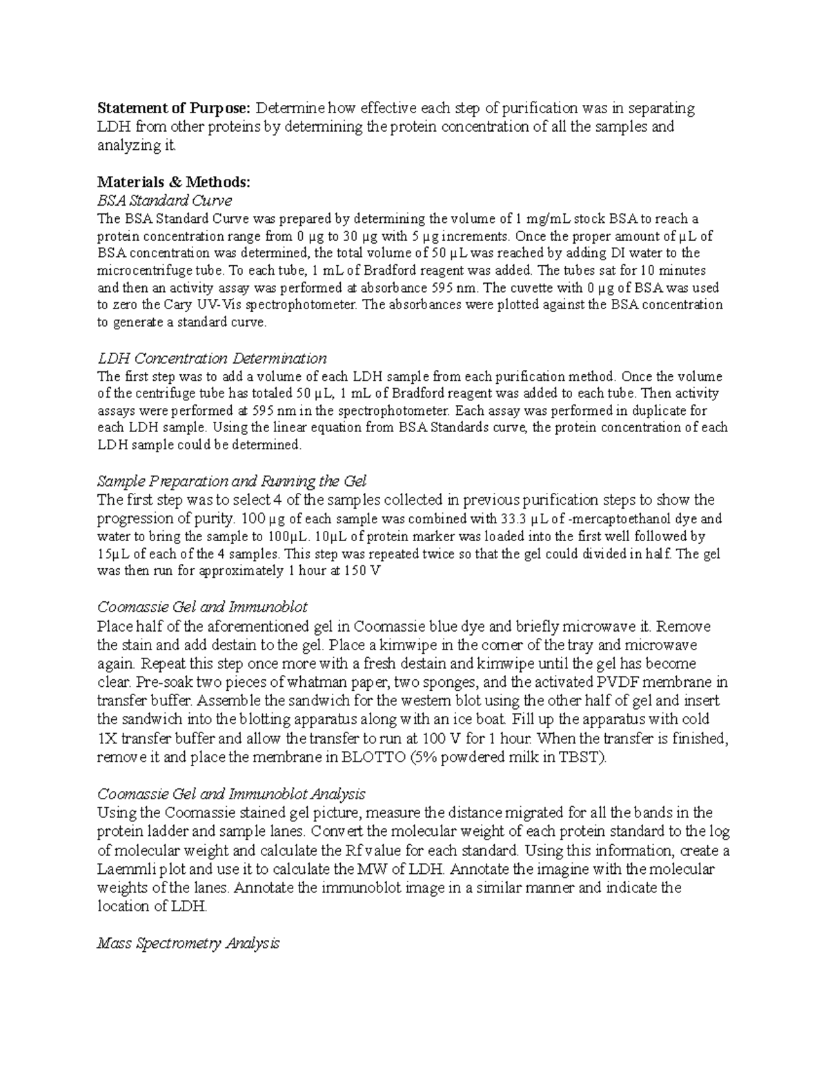 Final Lab Report on Lactate Dehydrogenase Purification (BIO 305) - Studocu