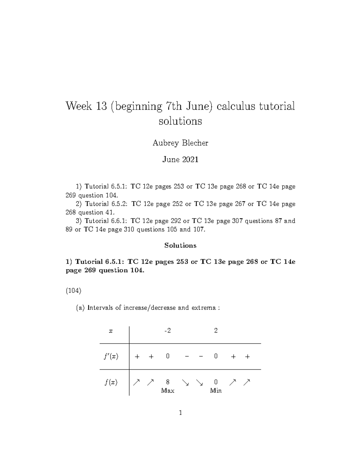 Week 13 Calculus Tutorial Solutions (TC 12e, 13e, 14e) - Studocu