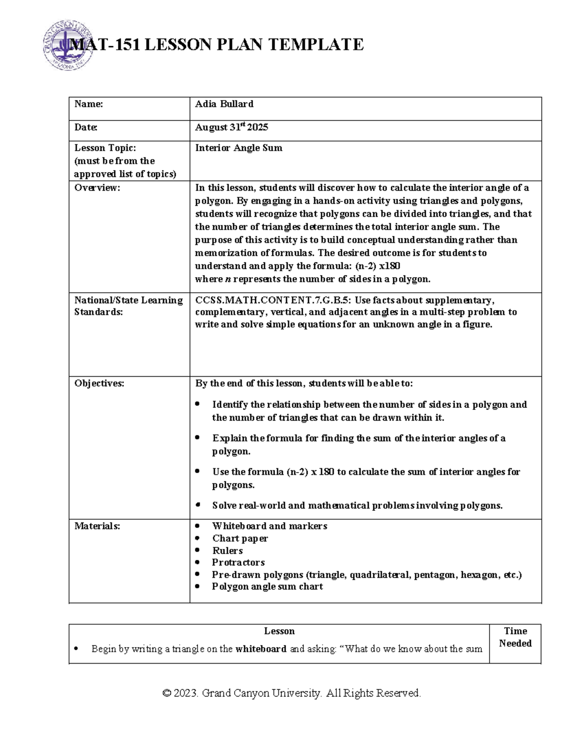 MAT-151 Lesson Plan: Understanding Polygon Interior Angles - Studocu