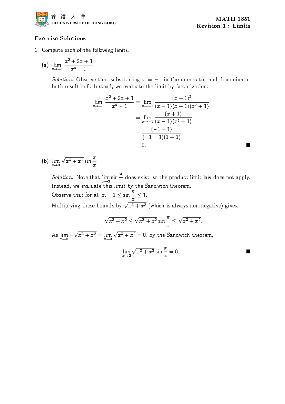 R1 Limits Solutions - Revision Class Summary for Calculus - Studocu
