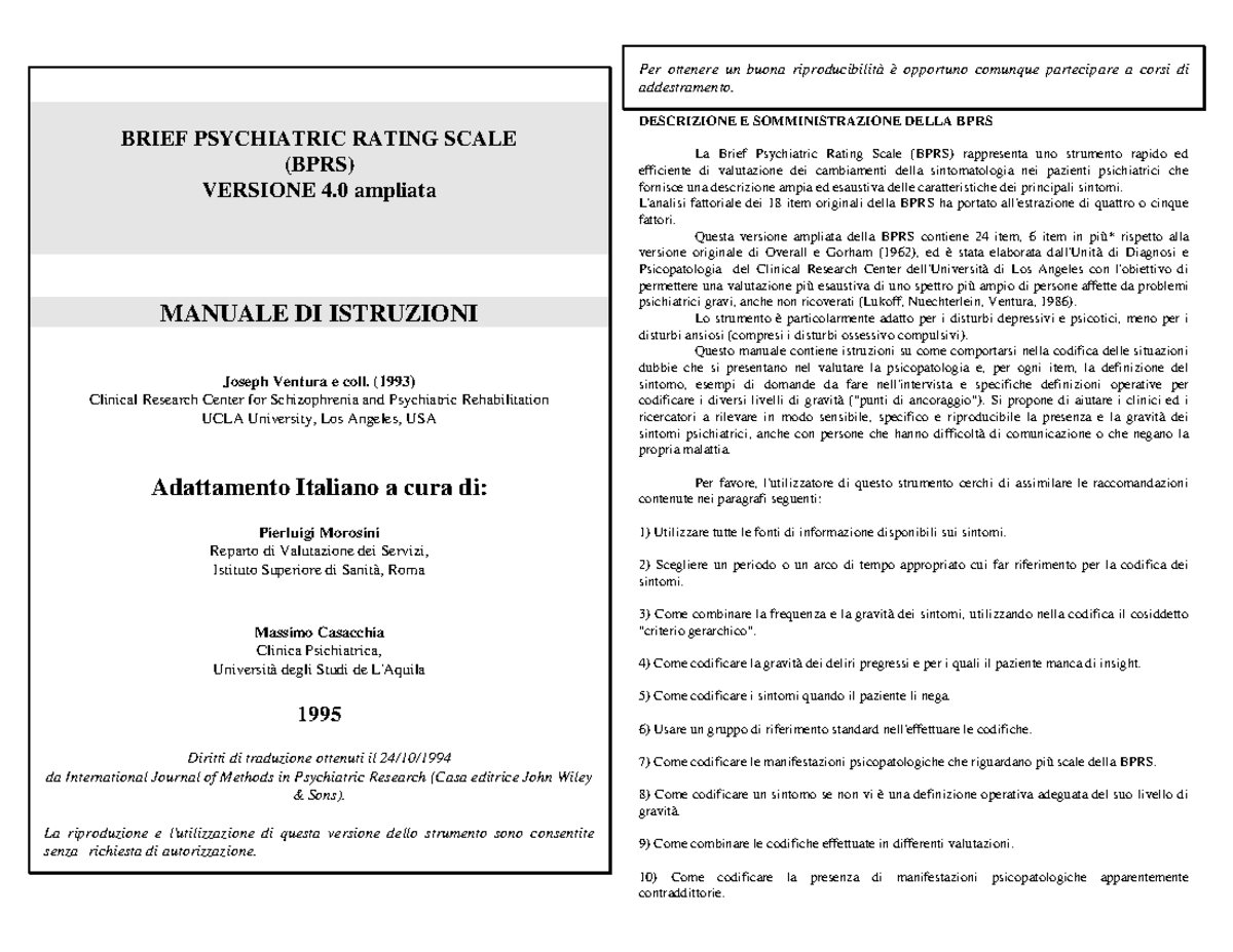 Manuale & Istruzioni sulla BPRS (Brief Psychiatric Rating Scale) 4.0 ...