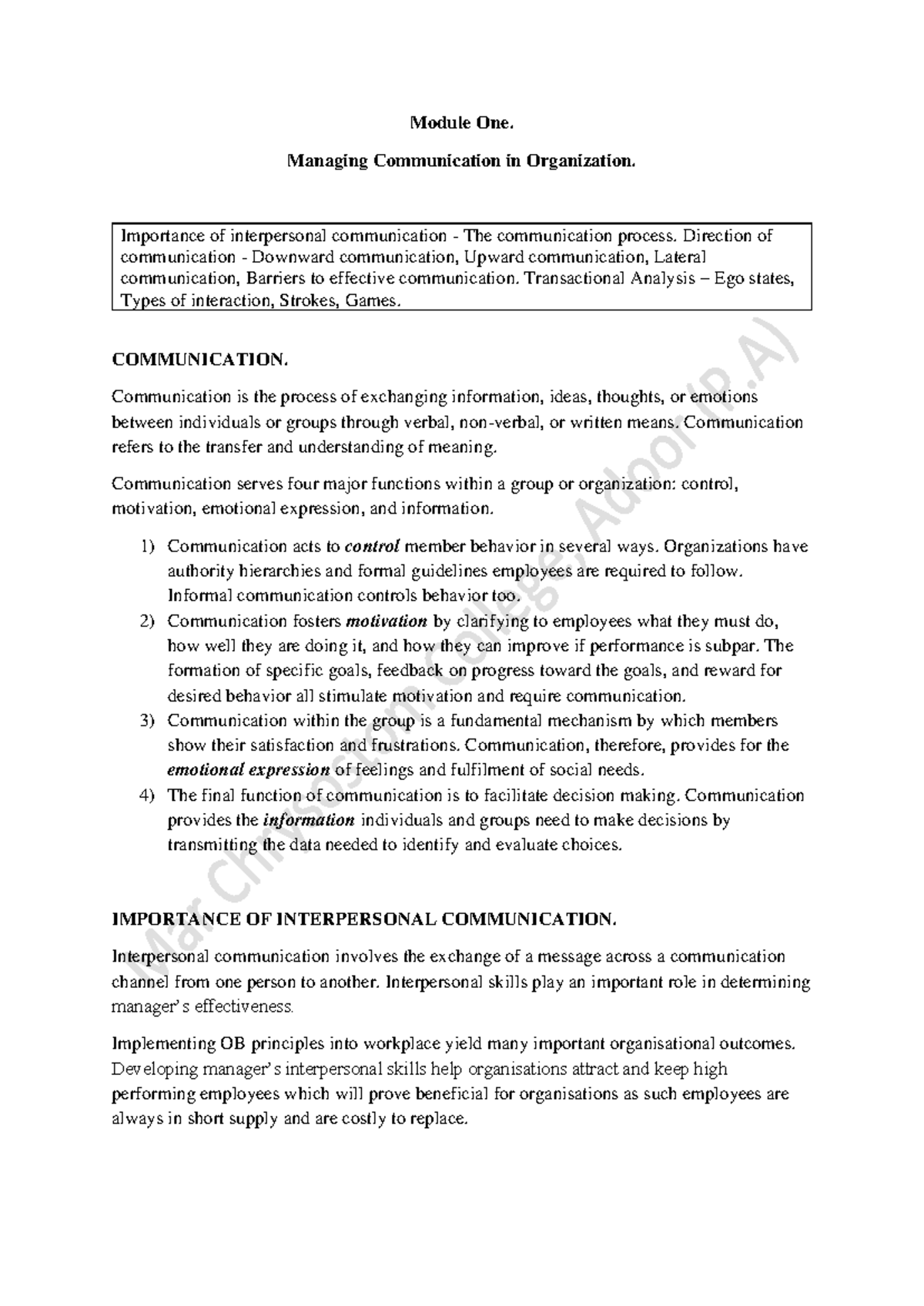 Module 1-OB (S6): Managing Communication in Organizations - Studocu