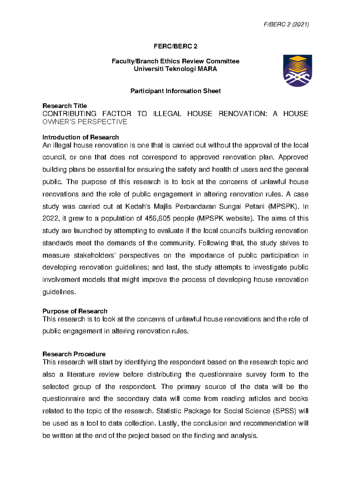 F/BERC 2 Participant Info Sheet on Illegal House Renovation Insights ...