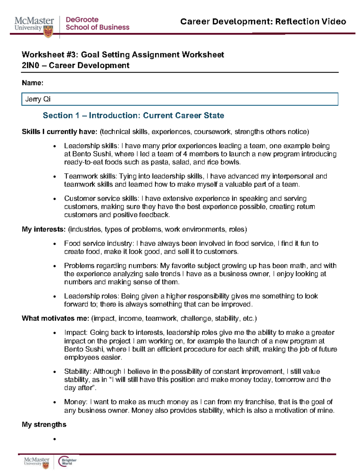 Career Development: Goal Setting Reflection Worksheet 2IN0 - Studocu