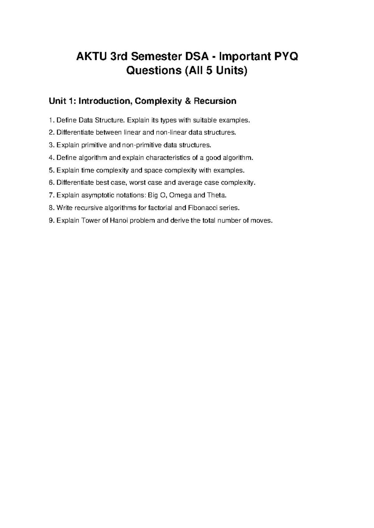 AKTU 3rd Sem DSA Important PYQ Questions for All Units - Studocu