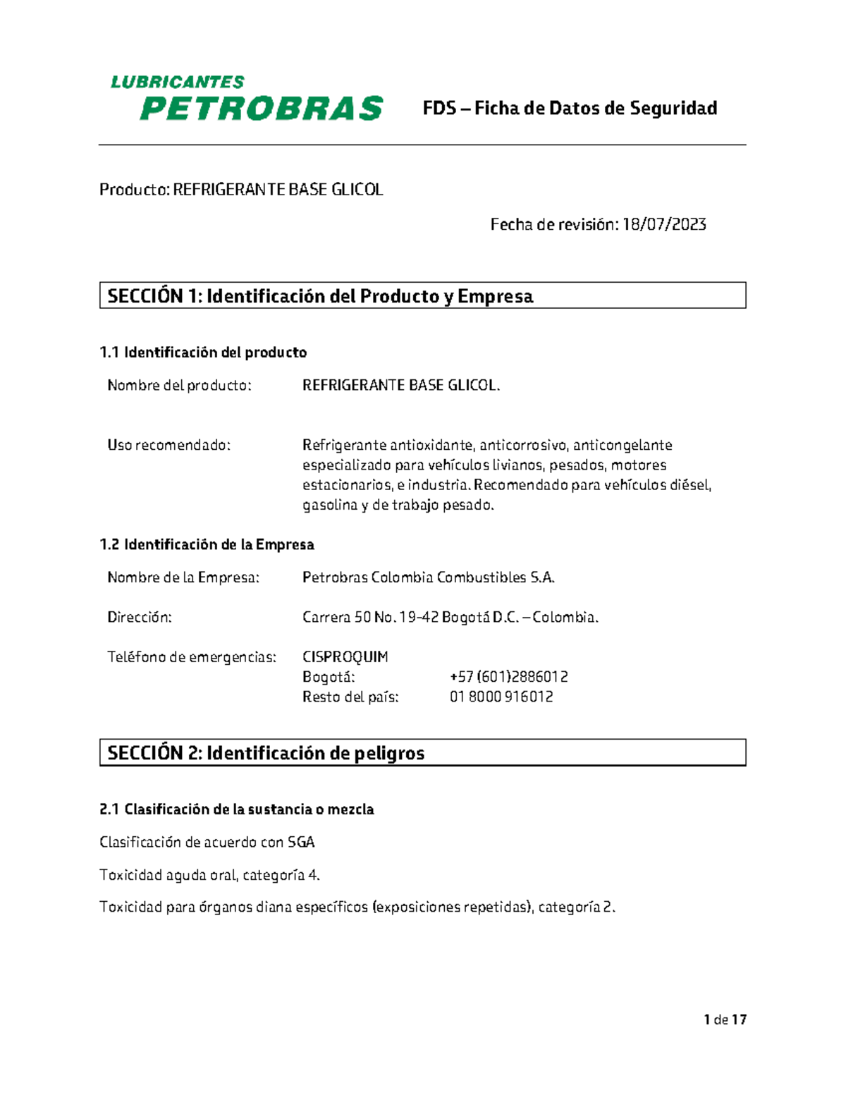 FDS 1020591: Ficha de Seguridad del Refrigerante Base Glicol - Document Preview