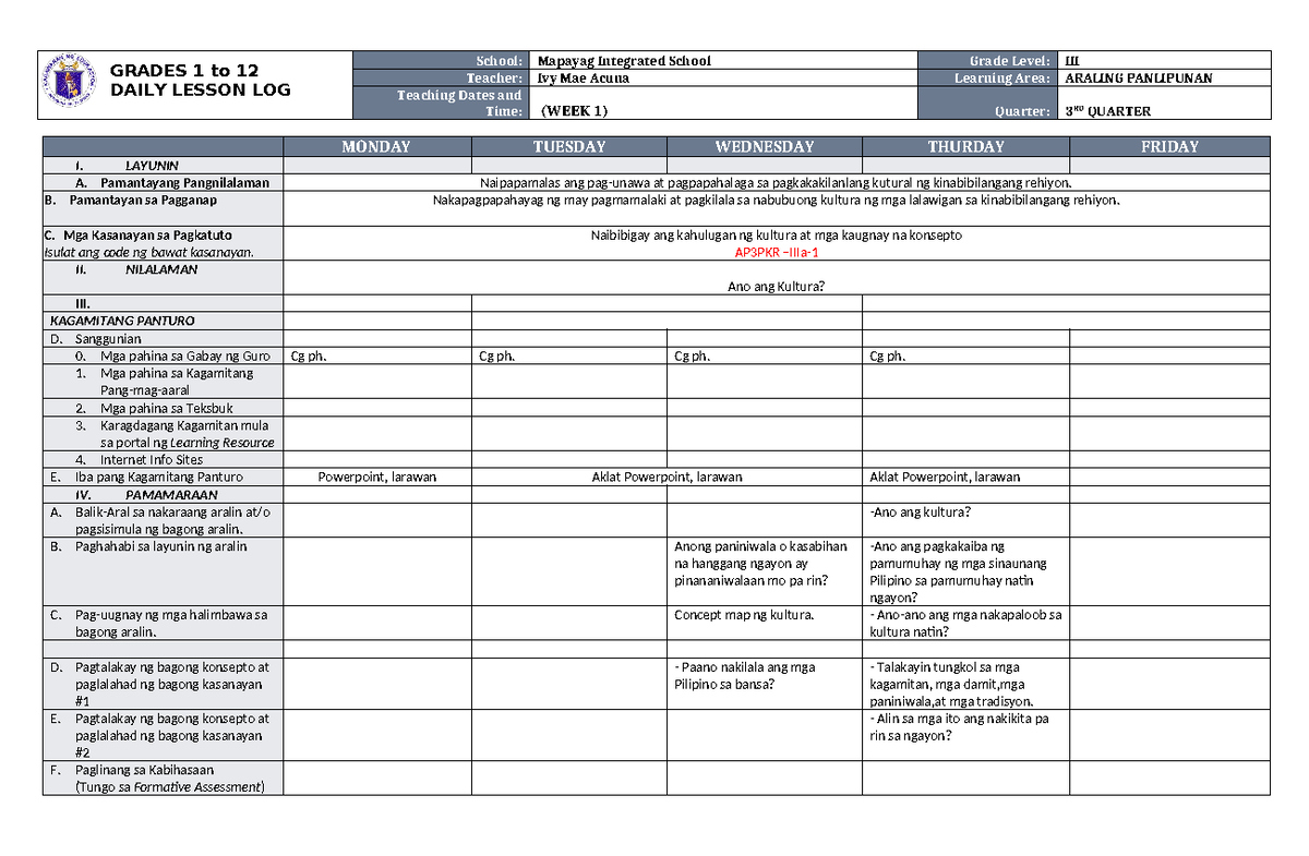 DLL Araling Panlipunan 3 Q3 W1 - GRADES 1 to 12 DAILY LESSON LOG School ...