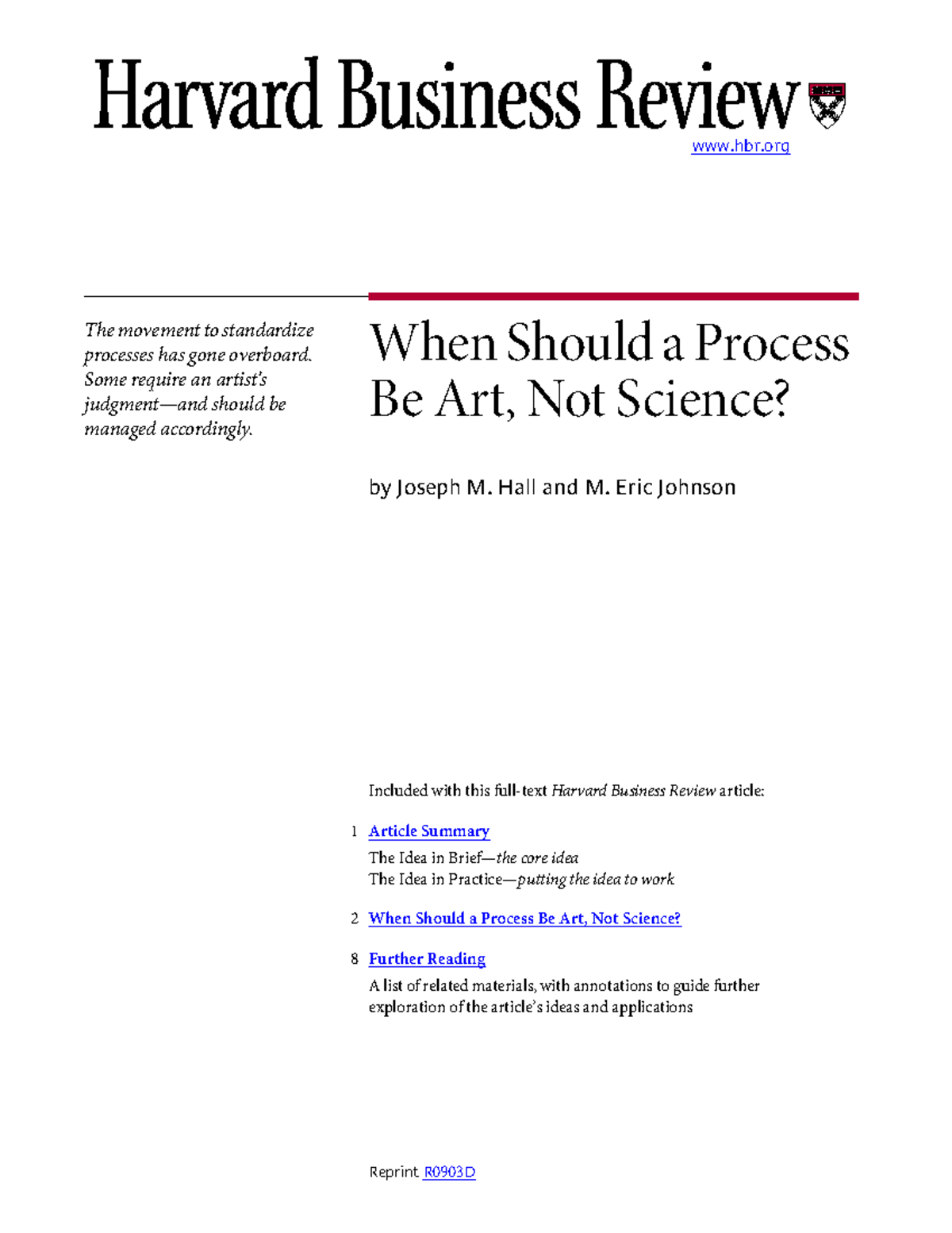 When Should a Process Be Art, Not Science? - HBR R0903D Insights - Studocu