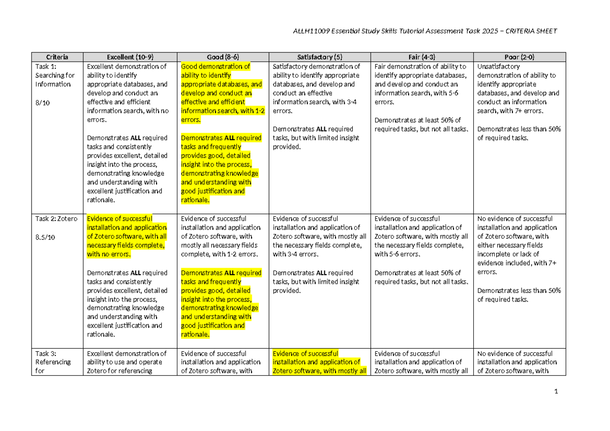 ALLH11009 Essential Study Skills Tutorial Assessment Criteria 2025 ...