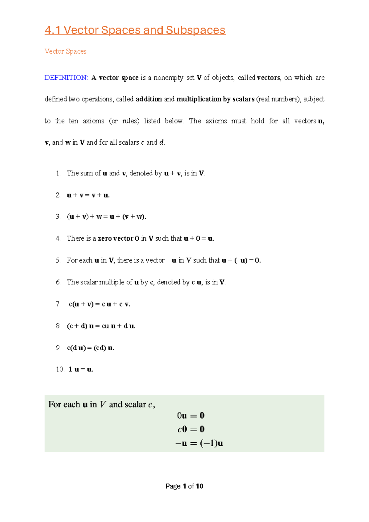 4.1 Vector Spaces & Subspaces: Definitions and Examples - Studocu