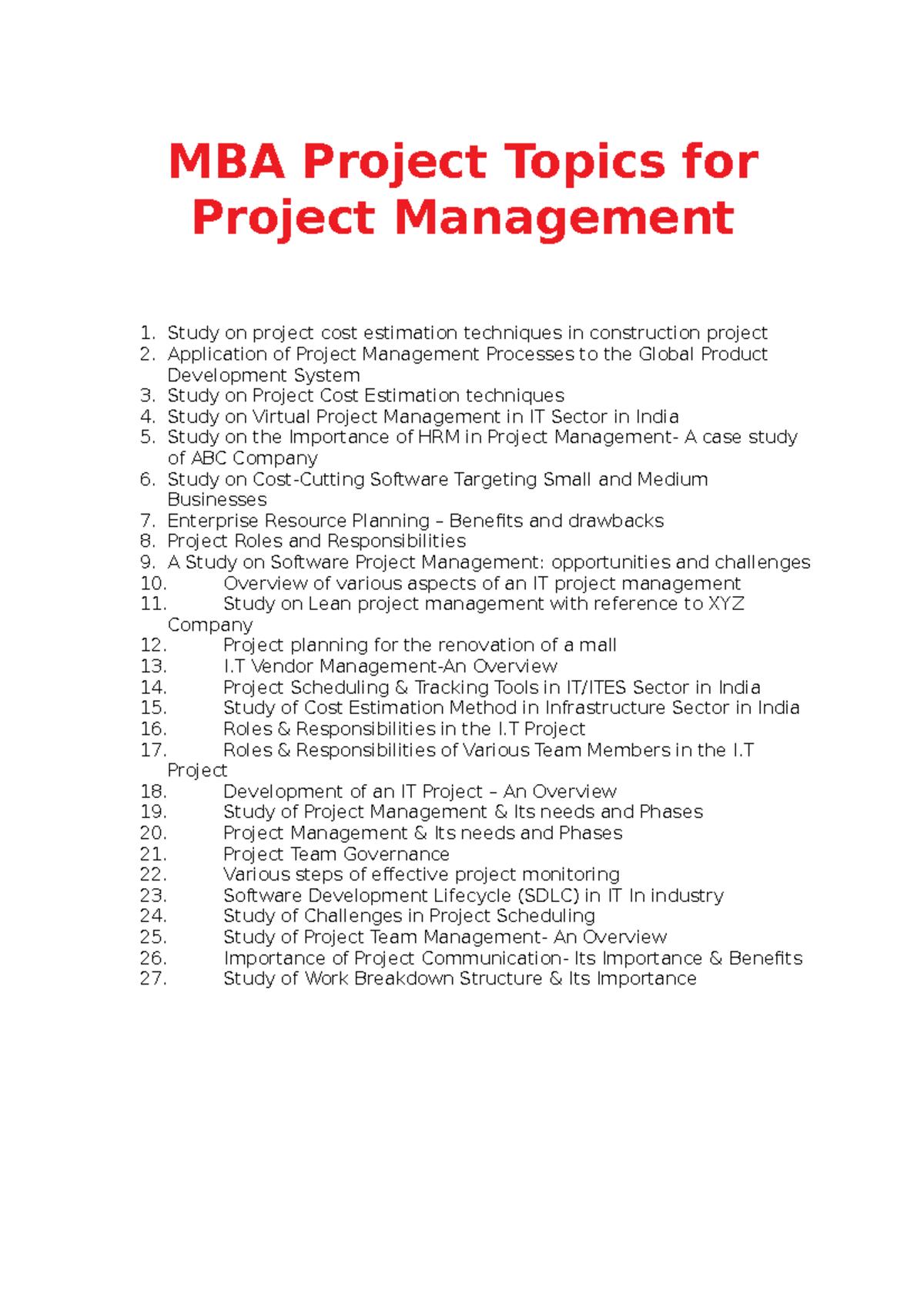 MBA Project for Project Management - MBA Project Topics for Project ...