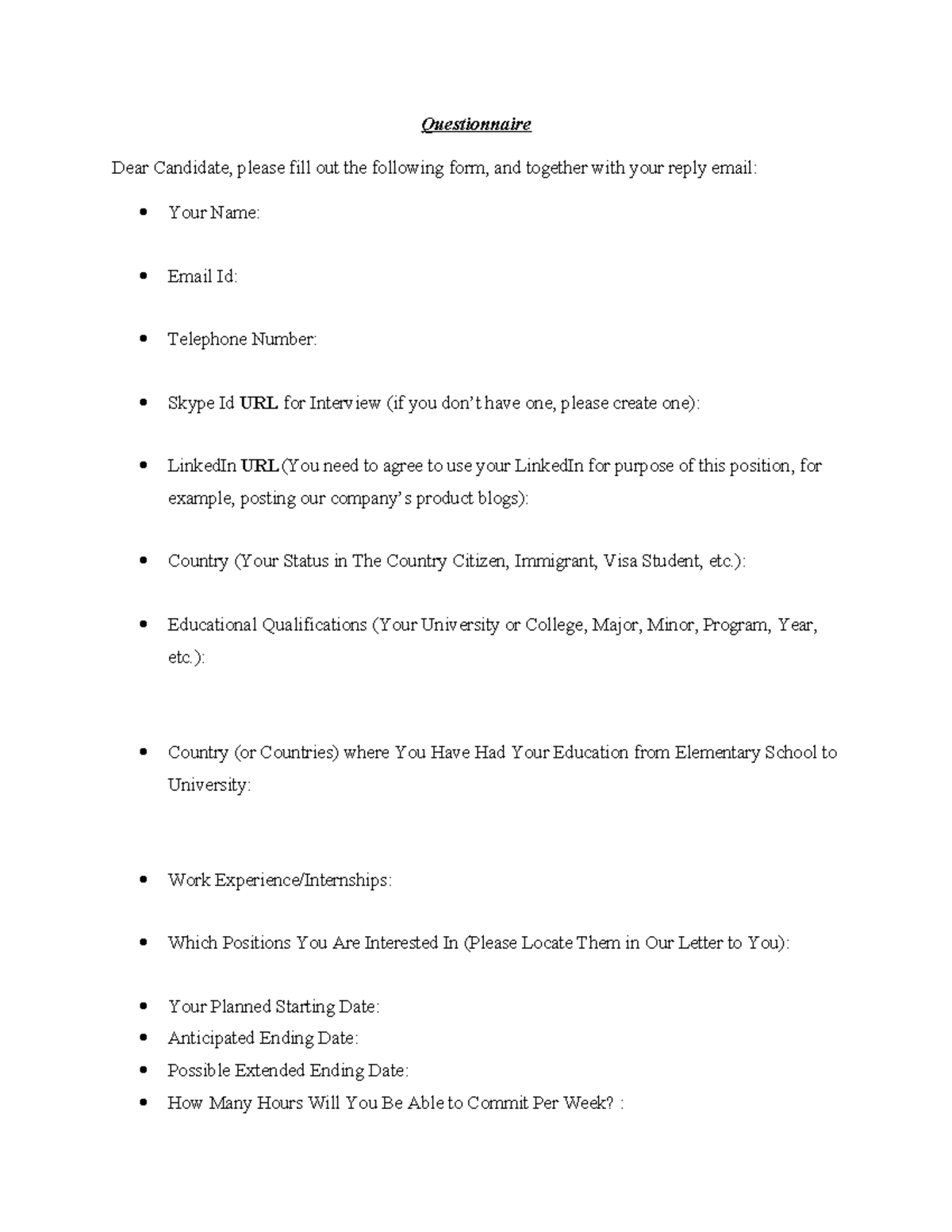 Candidate Questionnaire for Position Application - Studocu