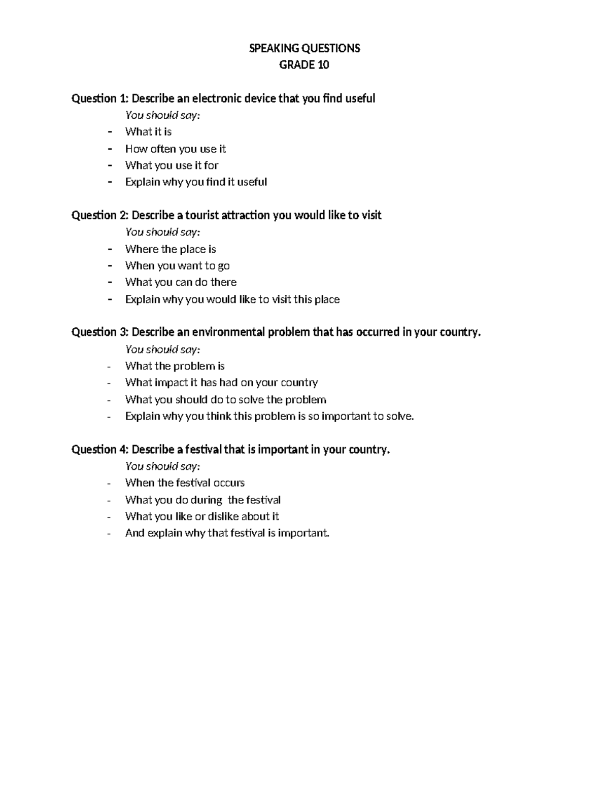 Grade 10 Speaking Questions: Useful Devices, Attractions & Issues - Studocu