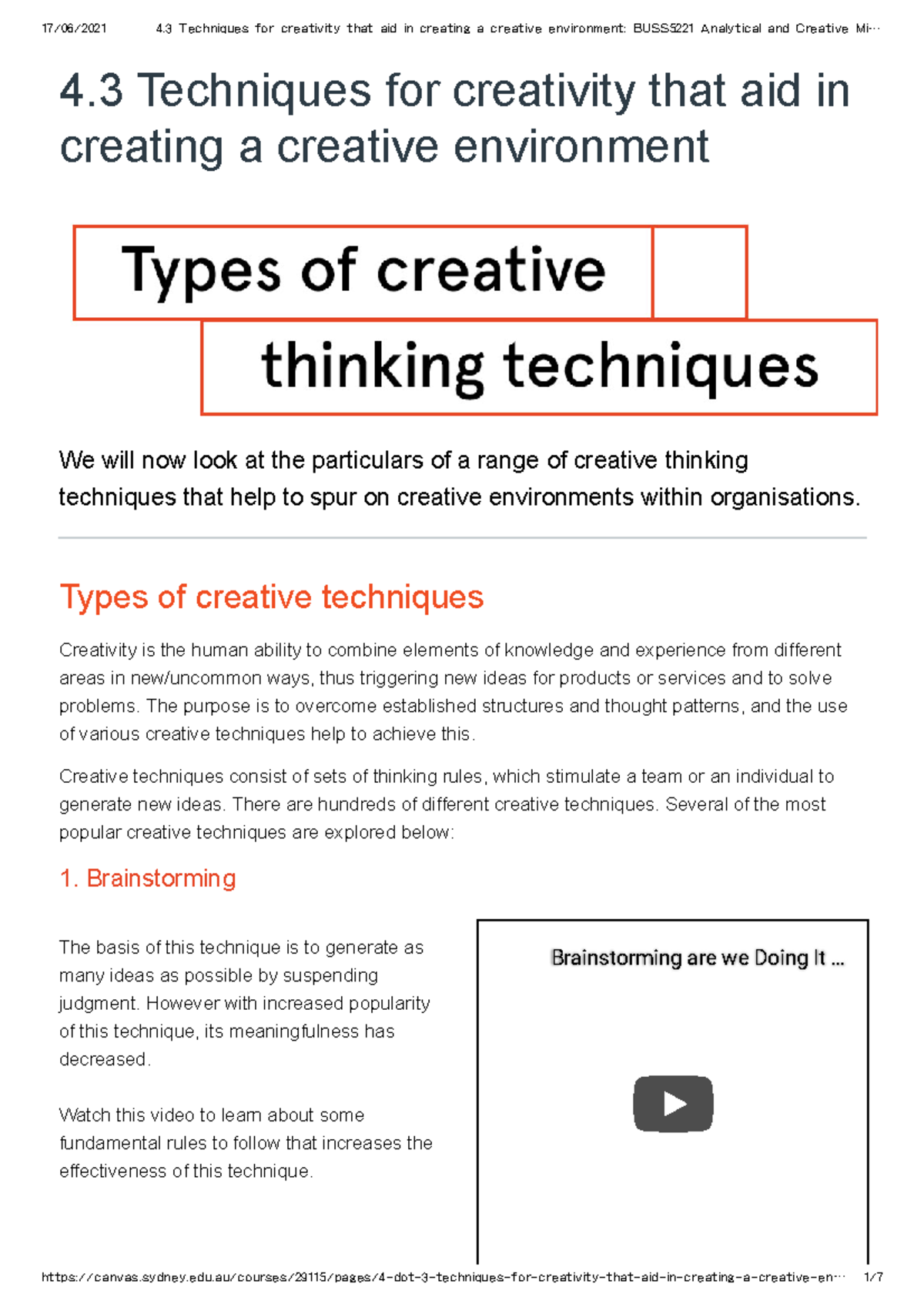 4.3 Techniques for creativity that aid in creating a creative ...