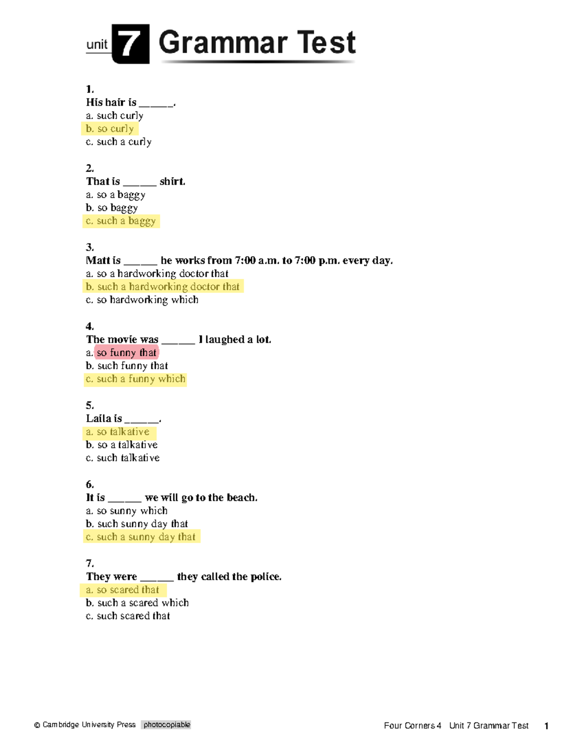 UNIT 7 Grammar TEST LEV 8 - Four Corners 4 Practice Questions - Studocu