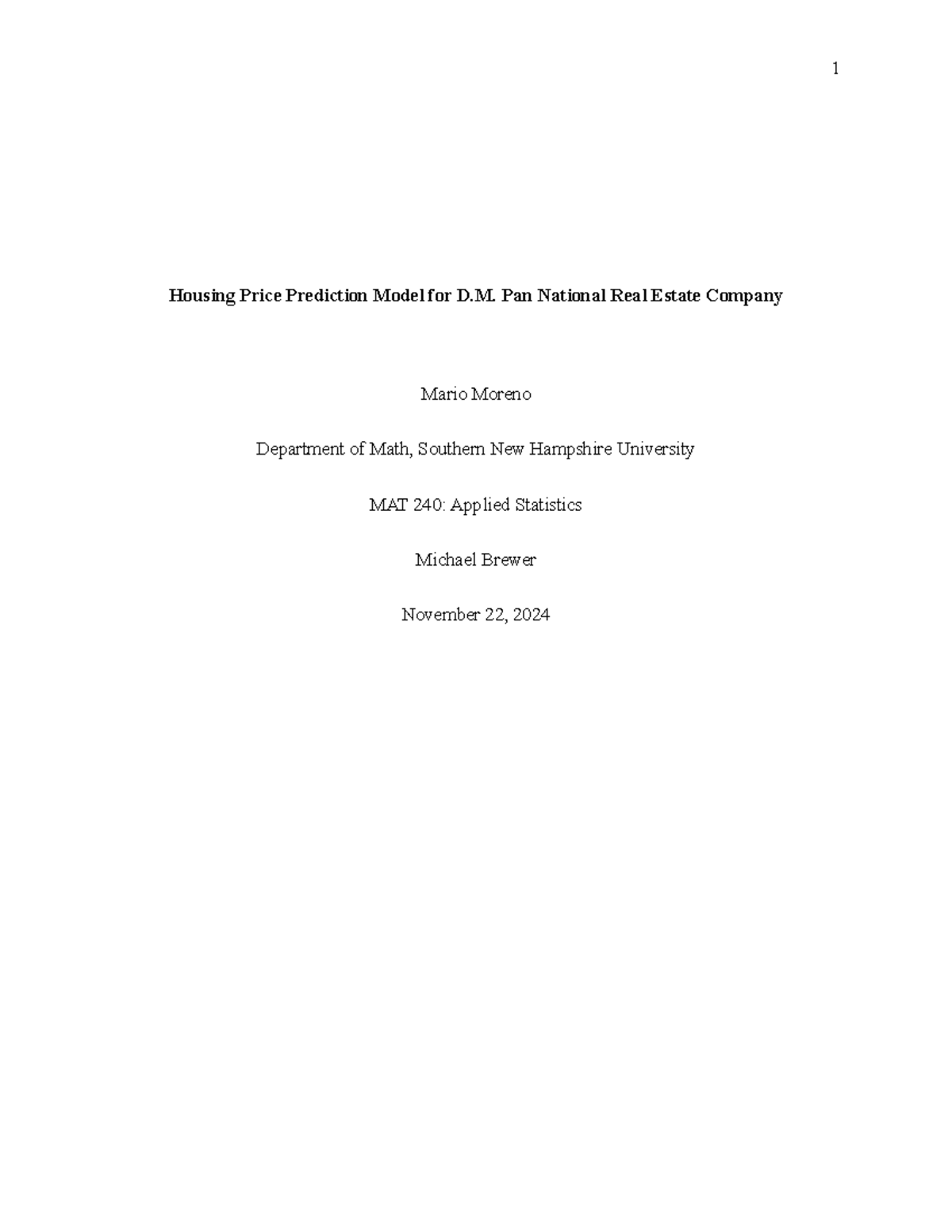 MAT 240 Housing Price Prediction Model Assignment Analysis - Studocu