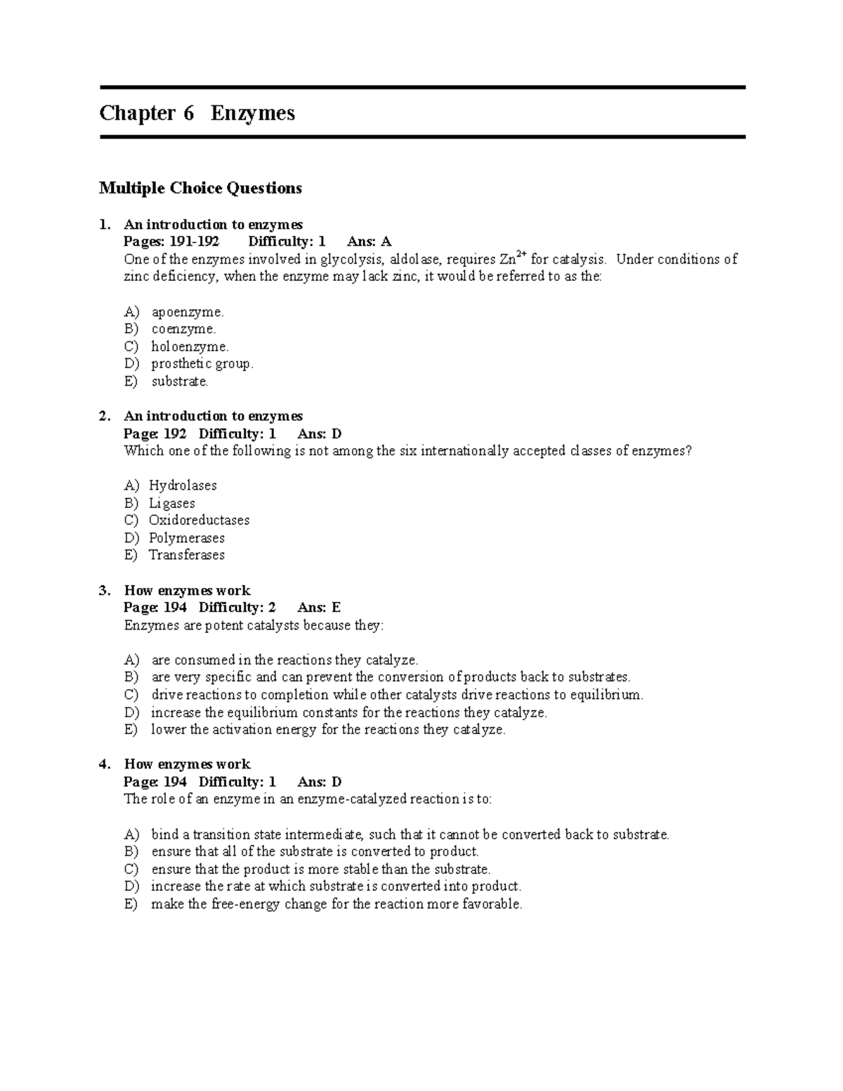 Biochem CH 6 Enzyme Function: Practice MCQs & Short Answers - Studocu
