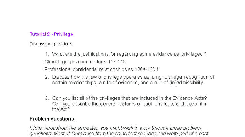 Tutorial 2: Privilege and Evidence Questions for Final Exam Preparation ...