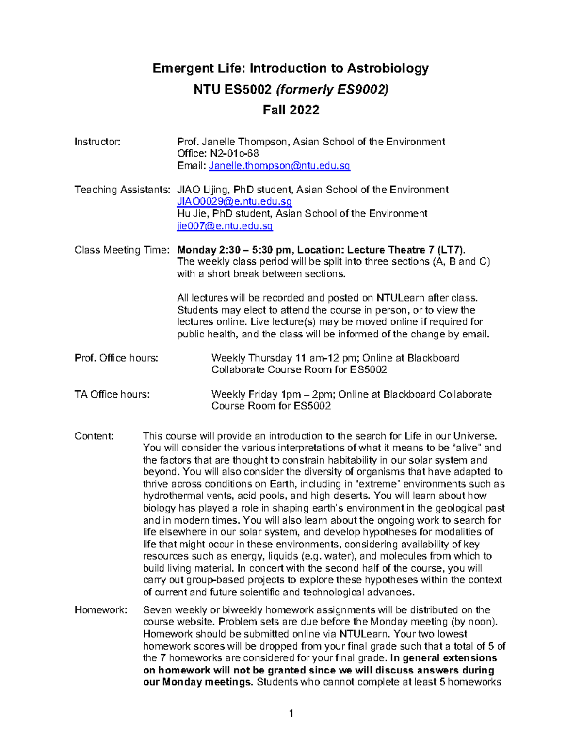 ES5002 Syllabus: Emergent Life in Astrobiology - Fall 2022 - Studocu