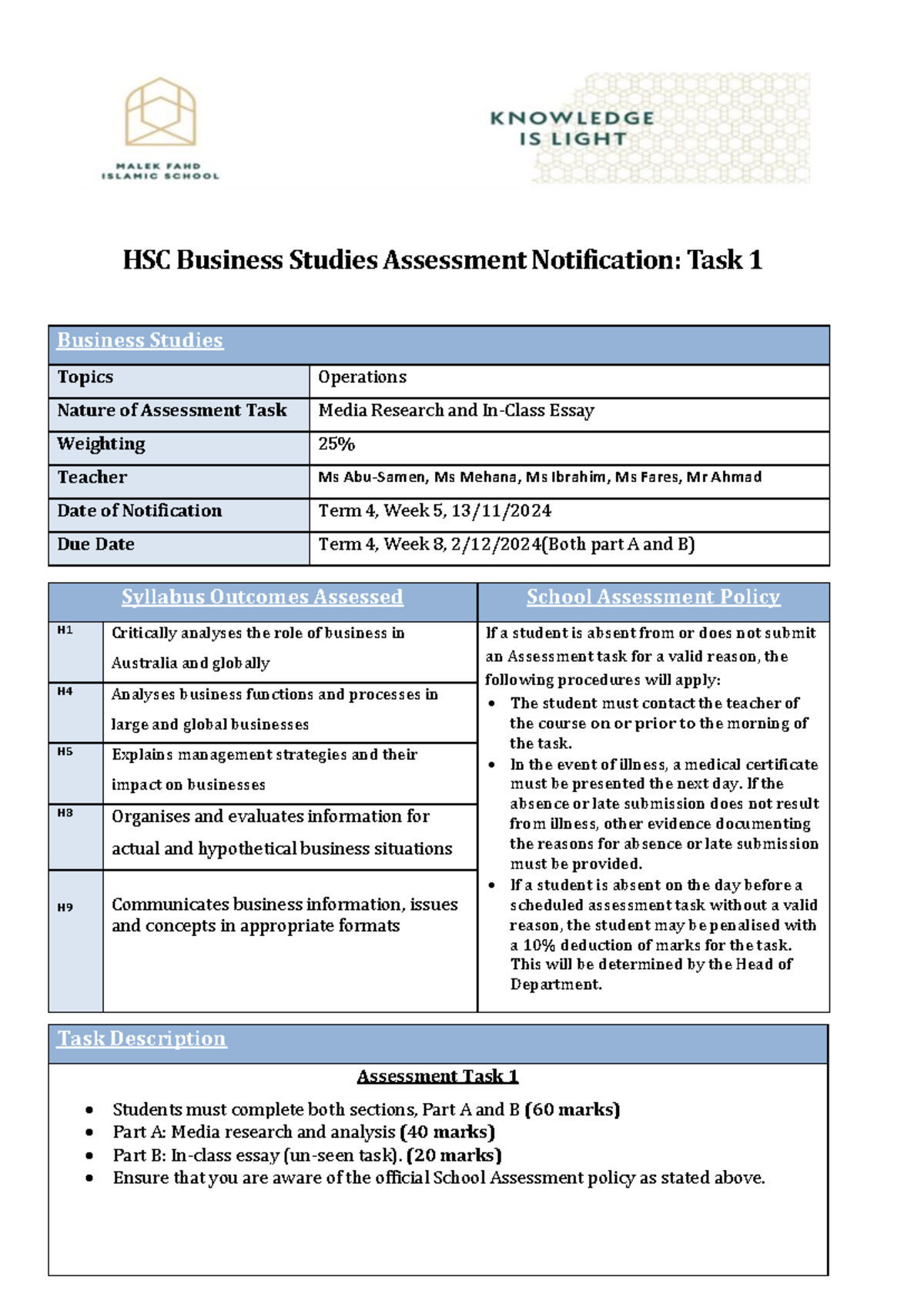 HSC Business Studies Assessment Task 1 - Operations Focus (2025) - Studocu