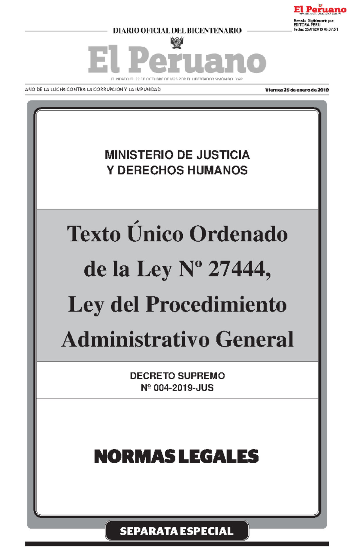 Texto Único Ordenado de la Ley Nº 27444 (2019) - TuO actualizado - Studocu