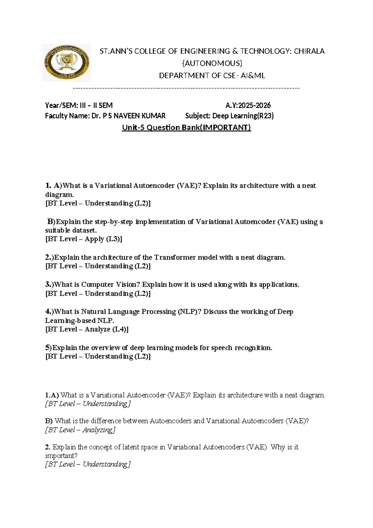 Deep Learning (DL) R23: Important Question Bank for II Sem - Studocu